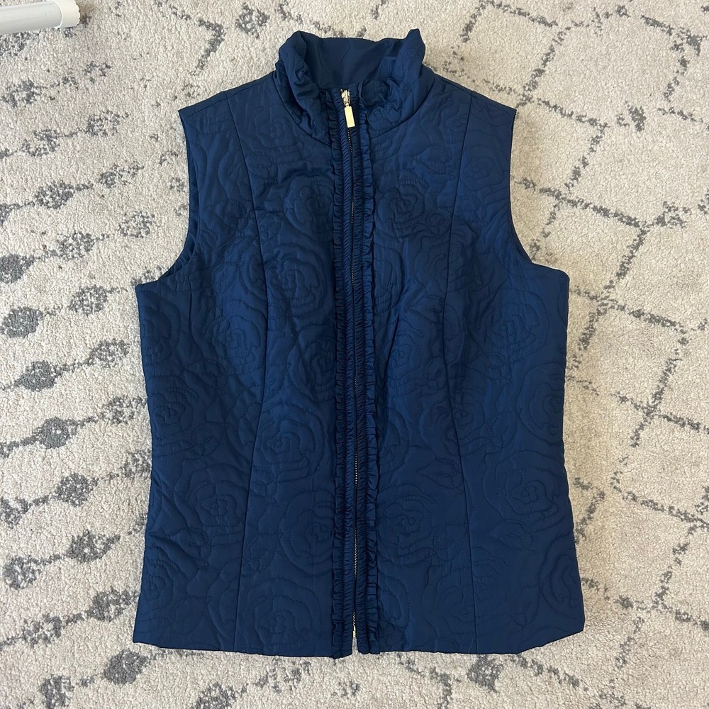 Charter Club Navy Blue Rose Quilted Zip Front Vest size S layering old money
